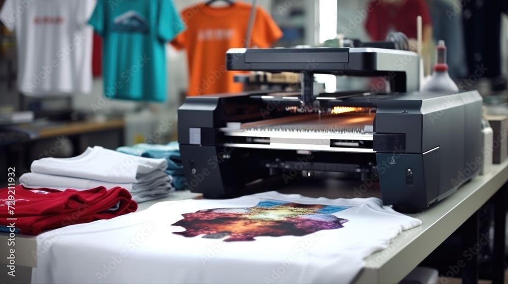 Poster a printer sitting on top of a table. suitable for office and home use