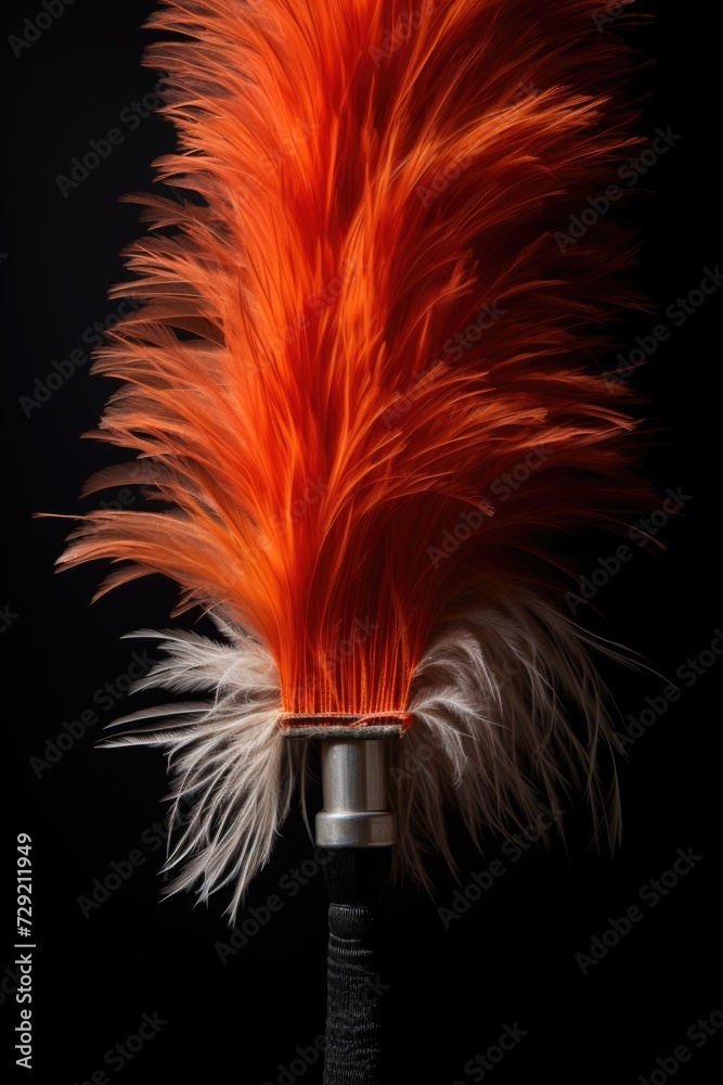 Poster A close-up view of a vibrant orange feather against a black background. This image can be used to add a pop of color and texture to various creative projects