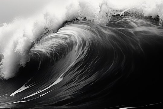 A black and white photo capturing the power and beauty of a large wave. Perfect for adding a dramatic touch to any project