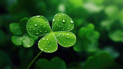 A close-up image of a four leaf clover with water droplets. This picture captures the beauty and freshness of nature. It can be used to symbolize luck, growth, and new beginnings