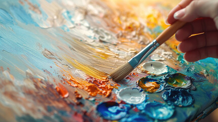 Close-up of an artist's hand holding a brush applying vibrant oil paint to a textured canvas.