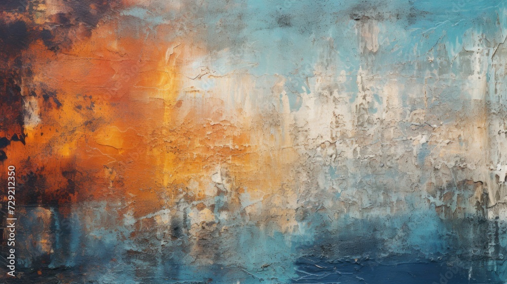 Poster an abstract painting featuring vibrant orange and blue colors. suitable for use in various artistic 