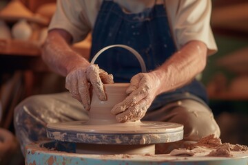 potter sculpting clay on wheel, ring light casting no shadows - obrazy, fototapety, plakaty