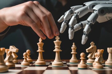 human and robot hands reaching for the same chess piece