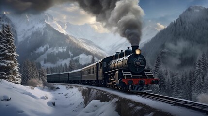 Steam train with water tanks seen traversing in the mountains in winter. generative ai