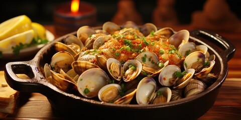 Fototapeta premium Fresh clams served in a rustic wooden bowl on a table. Perfect for seafood restaurants and food blogs