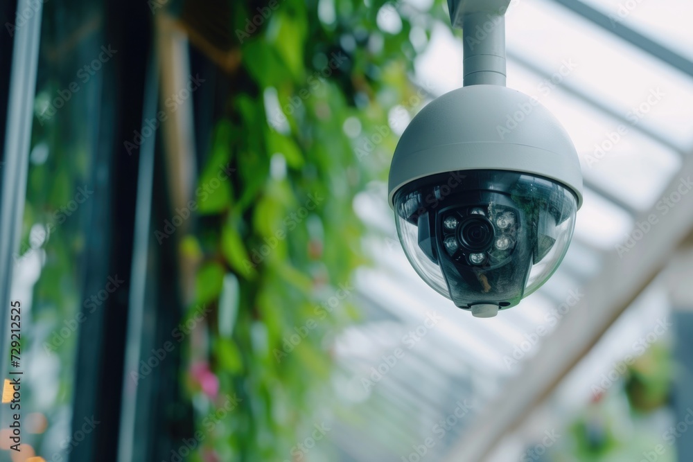 Poster a camera is mounted on the side of a building. this image can be used to depict surveillance, securi