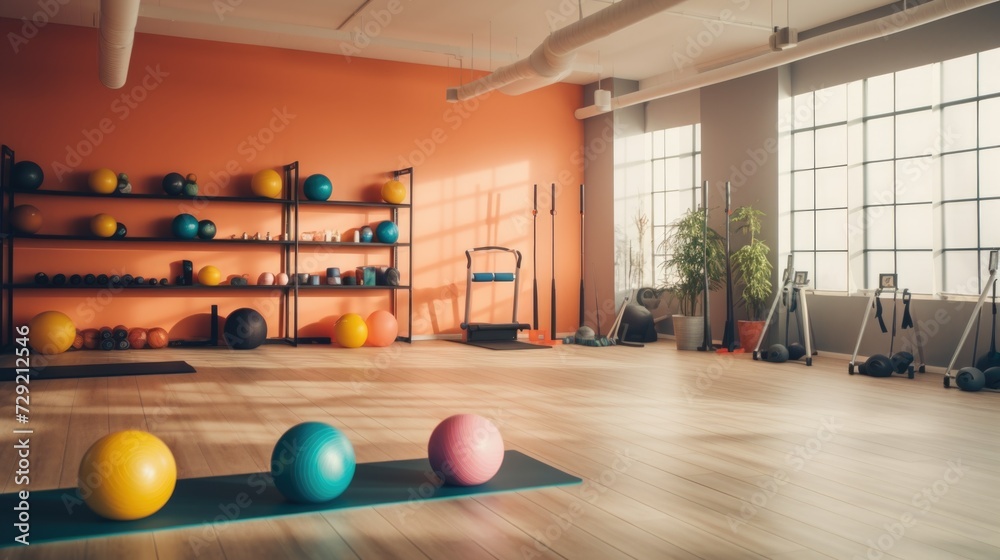 Sticker A gym room filled with a variety of exercise balls. This versatile image can be used to showcase fitness, exercise routines, gym equipment, and more