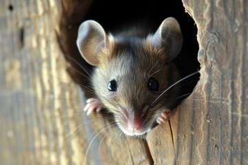 closeup of a mouse peeking out from a hole in a wooden wall