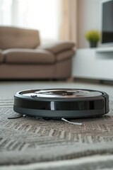 A robotic vacuum cleaner is pictured on the floor of a living room. This image can be used to showcase modern cleaning technology