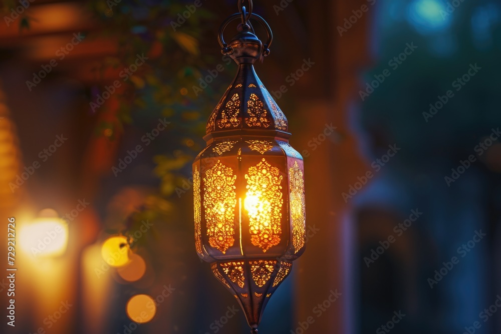 Poster A lantern hanging from a tree at night. Perfect for creating a cozy and enchanting atmosphere. Ideal for outdoor events, garden parties, or adding a touch of magic to any setting