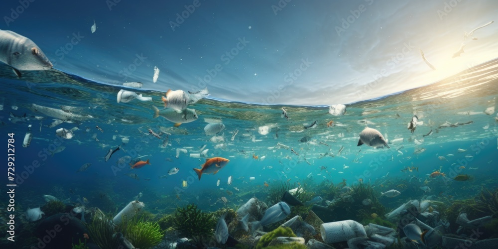 Poster A picture depicting a large amount of trash floating in the ocean. This image can be used to raise awareness about the issue of ocean pollution and the importance of protecting our marine ecosystems