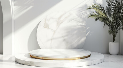 Fototapeta na wymiar A spacious room flooded with sunlight featuring a round marble display with gold accents, complemented by an exotic palm tree, base for product promotion and cosmetic design mockup.