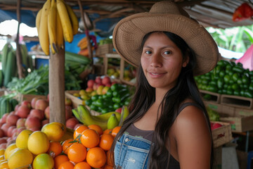 Young Latin woman on the fruit market shopping for the fresh seasonal fruit and vegetables
