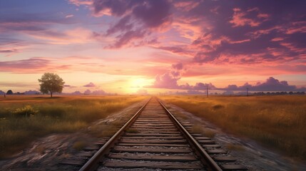 train tracks in a rural scene with a pastel sunset. generative ai