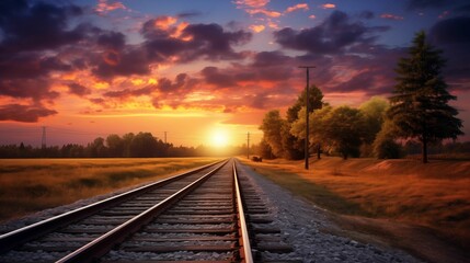Fototapeta na wymiar train tracks in a rural scene with a pastel sunset. generative ai