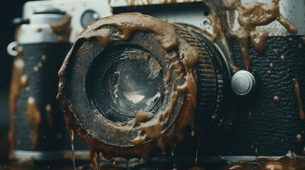 An old camera covered in melted chocolate. Can be used for food photography or vintage-themed projects