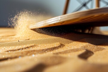 closeup of board sliding on sand, spraying grains