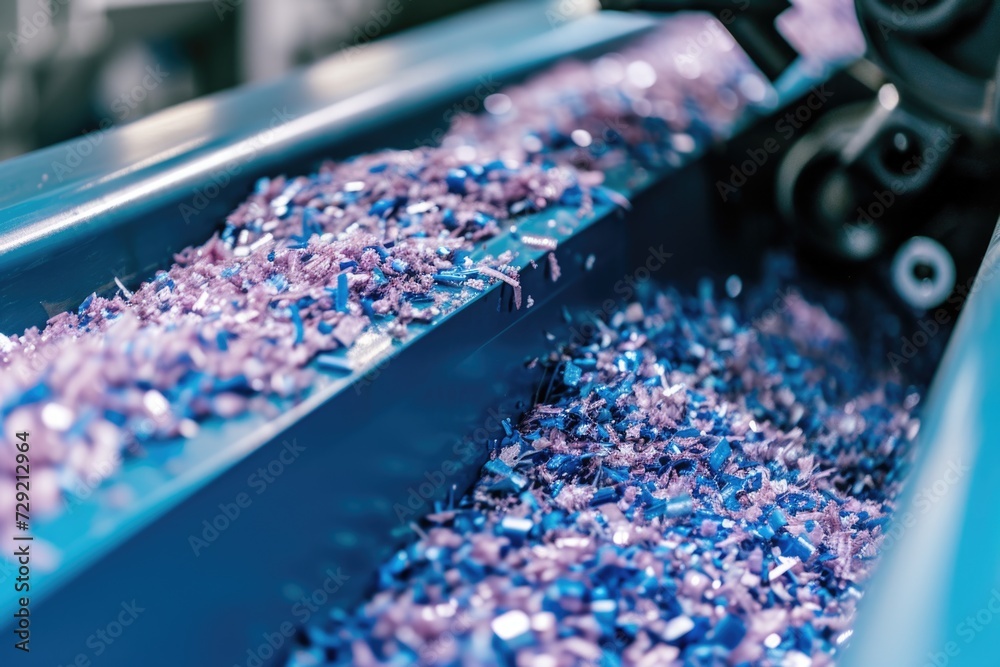 Poster A vibrant display of purple and blue confetti cascading down a conveyor belt. Perfect for adding a festive touch to any celebration or event