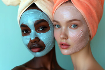 Beauty and natural woman friends with cream mask on face in studio on a pink background to promote skincare. Portrait of multi ethnic, african and european female, cosmetics advertising