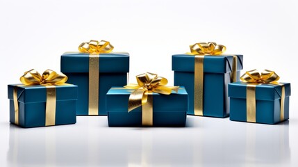 5 blue gifts wrapped with golden ribbon on a white isolated background Generative AI