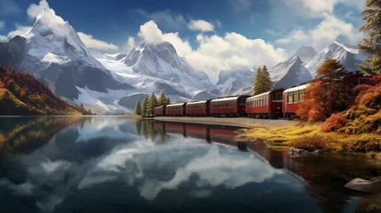 Papier Peint photo Alpes Red train moving along a lake in a beautiful mountain landscape. generative ai