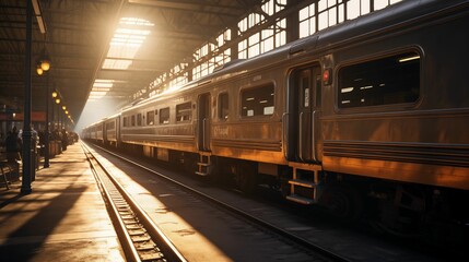 train station with sunlight shining on a parked train. generative ai