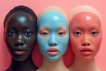 Portraits of women in facial masks with different types of skin, perfect healthy glow facial treatment. Multi-ethnic beauty, advertising wellness. Different ethnicity Caucasian, African, Asian.