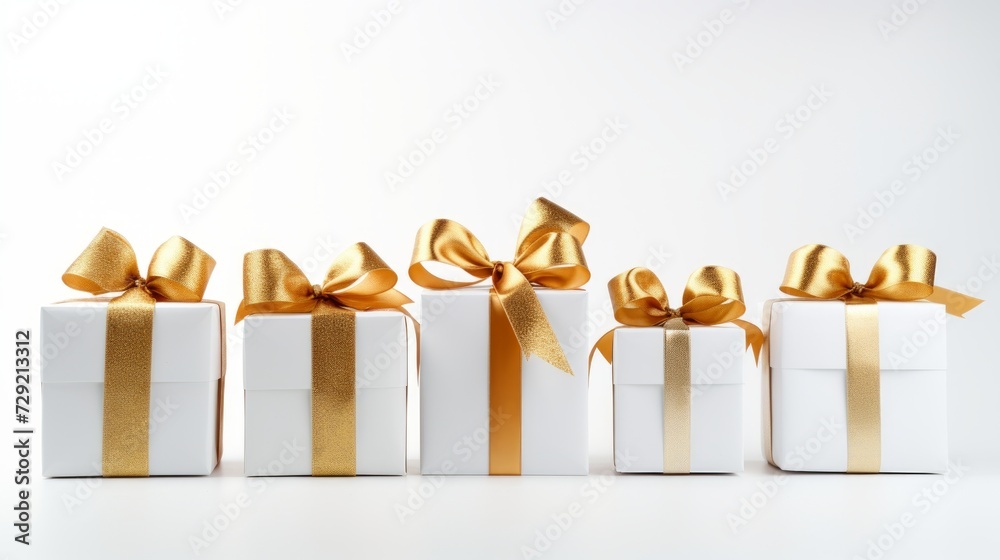 Poster 5 white gifts wrapped with golden ribbon on a white isolated background generative ai