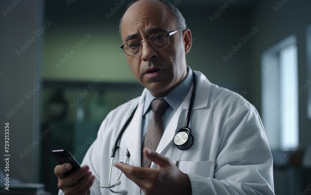 Poster a man in a lab coat holding a cell phone. suitable for scientific and technology-related concepts