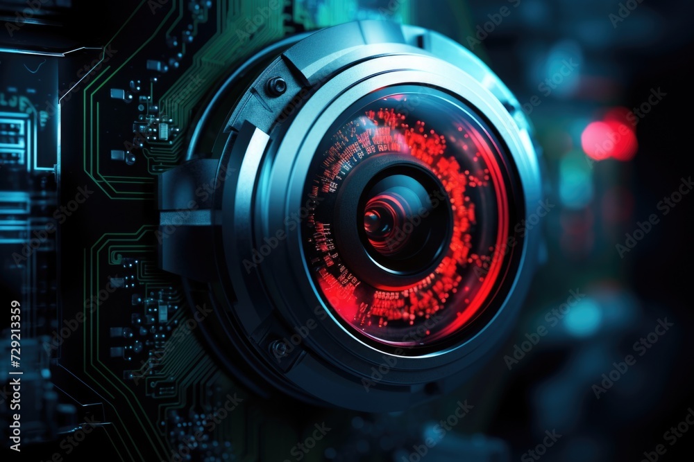 Poster A detailed close-up of a camera positioned on a circuit board. Suitable for technology and electronics-related projects
