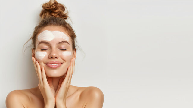 Positive young beautiful woman in white top with closed eyes applying moisturizing cream on face. High-quality crop photo of skincare and cosmetics concept with copy space for text.