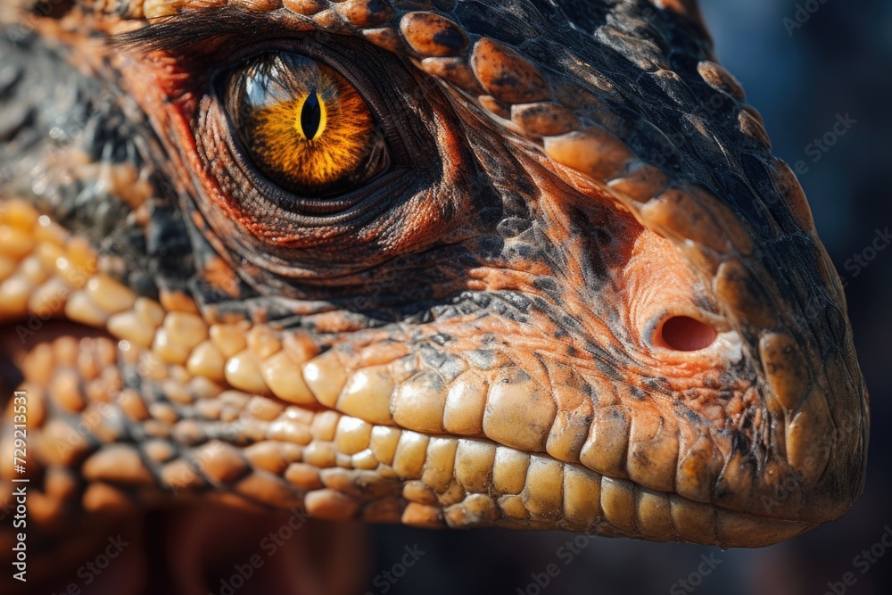 Poster A detailed close-up of a lizard's eye with a blurred background. This image can be used to depict the intricate details of reptiles or to add an element of mystery to nature-themed designs