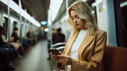 Young business woman using public transport, sitting with phone on train. generative ai