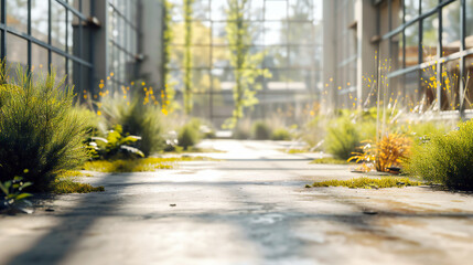 Urban street with a garden, blending city architecture with nature, perfect for themes of urban green spaces, landscaping, or environmental design