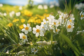 A beautiful field filled with white and yellow flowers. Perfect for nature or spring-themed projects