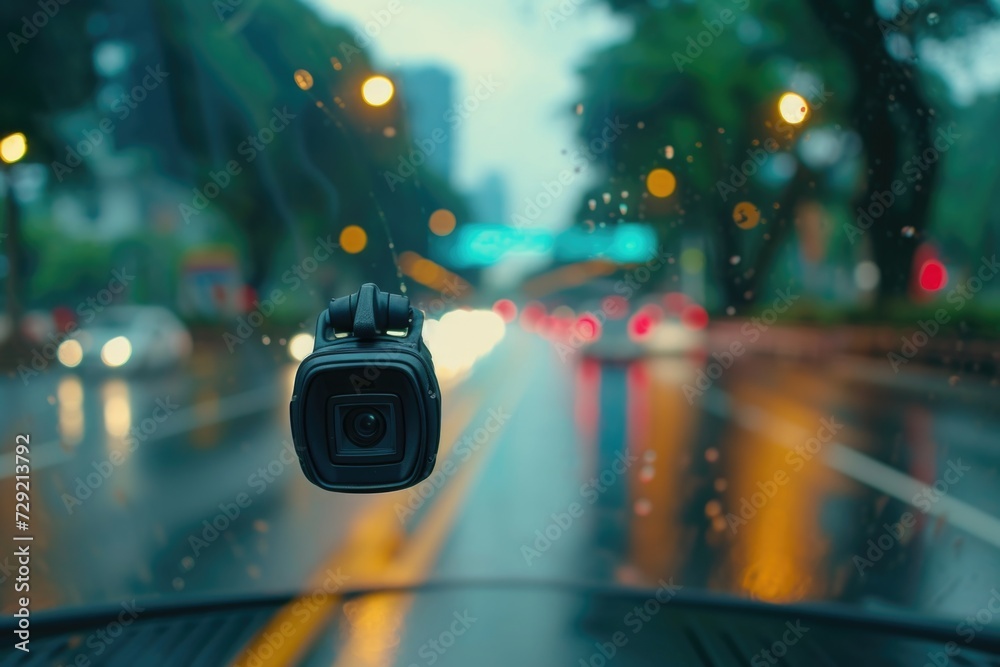 Poster A car dashboard with a dash camera attached. Perfect for capturing footage while driving