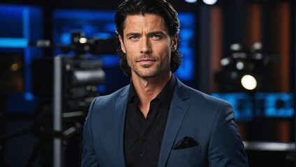 Fototapeta premium Confident Man Wearing Blue Suit Poses During Professional Indoor Photo Shoot. Generative AI.