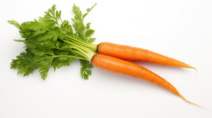 A carrot with green leaves on white background.