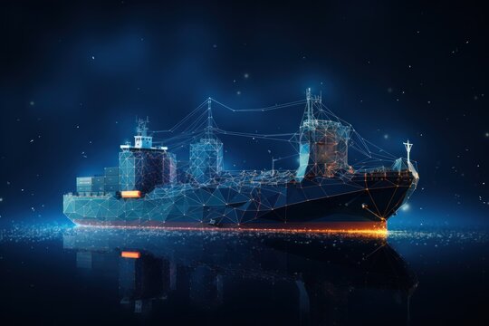 Cargo ship with glowing lines on dark blue background. 3D illustration. Cargo Ship. Cargo ship polygonal illustration on dark blue background with copyspace. Logistics and transportation concept.
