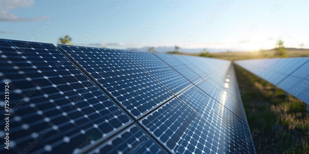 Poster a row of solar panels in a field. suitable for renewable energy concepts