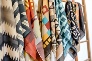 scarves with geometric designs hanging on a wooden ladder rack