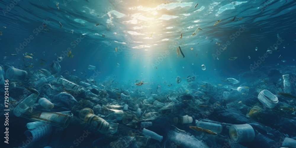 Aufkleber trash floating in the ocean, a disturbing image that highlights the environmental issue of pollution