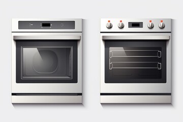 Two ovens placed next to each other on a white background. Ideal for showcasing kitchen appliances and home improvement projects