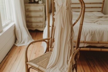 sleeveless maxi dress draped over a bamboo chair by bed - obrazy, fototapety, plakaty
