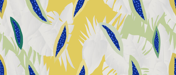 Modern bright artistic abstract tropical print. Hand drawn leaves collage contemporary seamless pattern. 