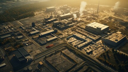 A bird's eye view of a sprawling industrial complex with factories, warehouses, and bustling activity. Generative AI