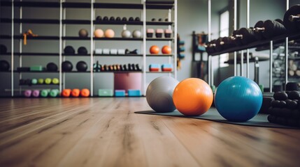A collection of exercise balls placed on a wooden floor. Ideal for fitness and health-related designs