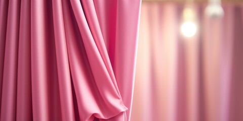 A close-up view of a pink curtain in a room. This picture can be used to depict interior design or home decor themes