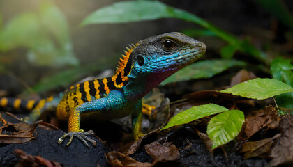 Fototapeta premium Green lizard on a branch in nature